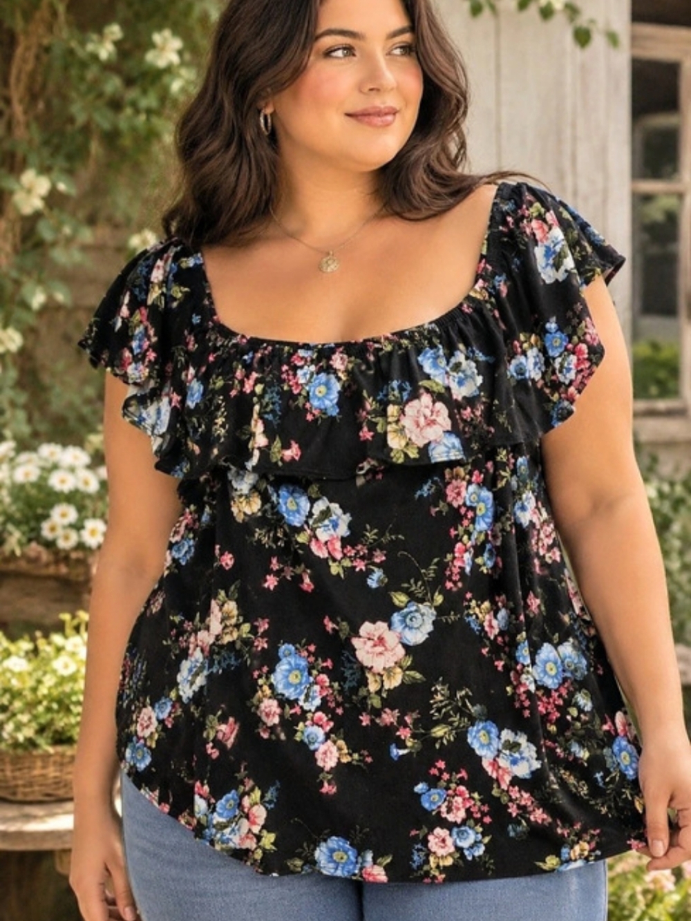 Say Anything Floral Ruffle Peasant Top 2X Cottagecore Boho
